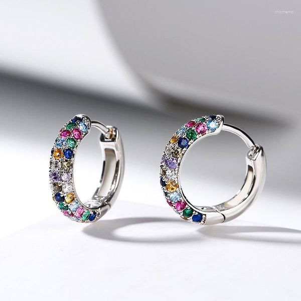 Boucles d'oreilles créoles en forme de plaque d'argent, Mini boucles d'oreilles rondes en Zircon demi-coloré pour dames, bijoux de luxe pour femmes