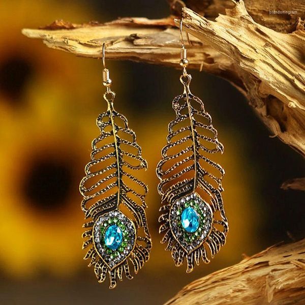 Pendientes de aro Moda Estilo étnico vintage Pavo real Hoja Pluma Gancho para la oreja Accesorios de joyería al por mayor