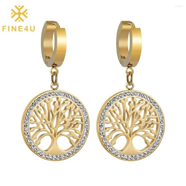 Pendientes de aro Fine4u Huggie Tree of Life Pendants de acero inoxidable Drop de mujeres Regalos de joyería de niñas