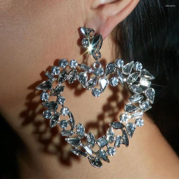 Pendientes de aro con forma de corazón, joyería de boda con diamantes de imitación de plata, cristal exagerado, Brincos de diseñador de moda grandes