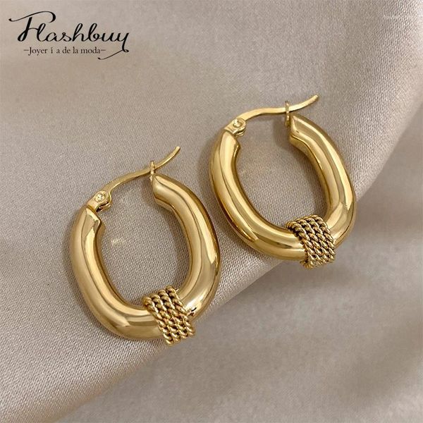 Flashbuy – boucles d'oreilles ovales épaisses en acier inoxydable 316L pour femmes, breloque couleur or, bijoux à la mode, cadeau