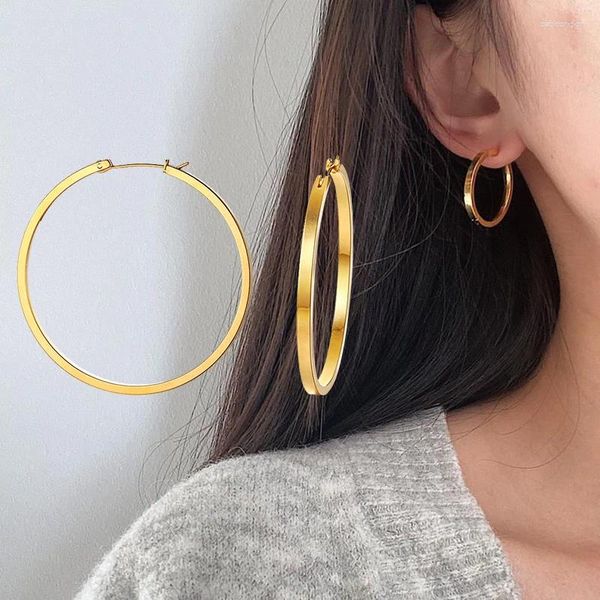 Boucles d'oreilles créoles plates et épaisses, grand cercle épais pour femmes et filles, bijoux minimalistes percés en acier inoxydable