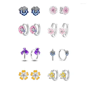 Hoop Earrings Flower For Women 925 Silver Original Pave CZ Pink Daisy Pansy Cactus Sunflower Luxury Fine Jewelry Gift