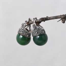 Boucles d'oreilles créoles FNJ MARCASITE Agate verte naturelle 925 argent Original pur S925 Sterling boucle d'oreille pour femmes bijoux