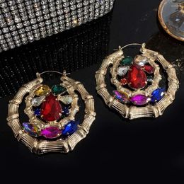 Pendientes de aro Freetry Punk de doble capa círculo de bambú para mujer moda geométrica colorida diamantes de imitación grandes pendientes joyería regalos