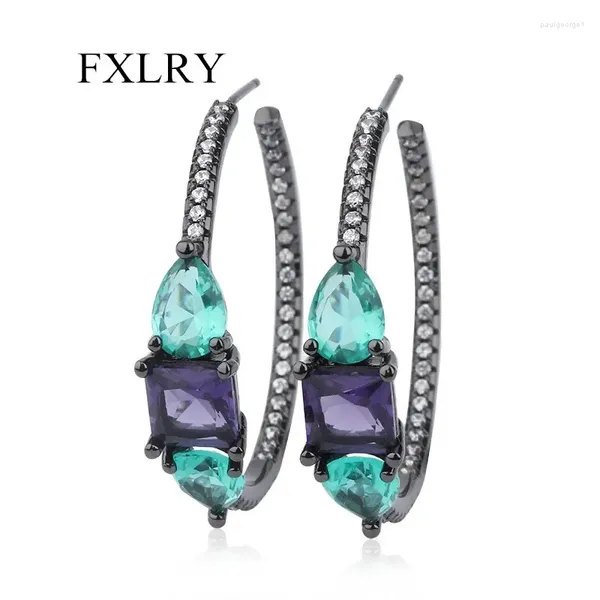 Pendientes de aro FXLRY de moda brillante púrpura verde circón cúbico en forma de C redondo grande para mujer joyería de moda