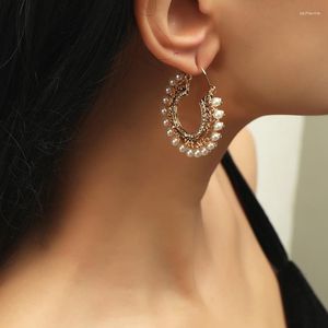Boucles d'oreilles créoles GD arrivées mode Simple rétro Court Style creux sculpté perle plaqué or grande boucle d'oreille ronde pour les femmes