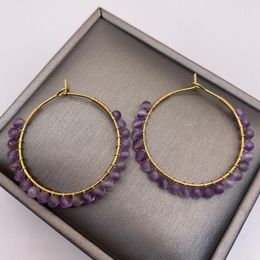 Boucles d'oreilles créoles véritables cerceaux d'améthyste balancent des cristaux à facettes élégant 14K rempli d'or fait à la main cercle d'enroulement de fil pour les femmes