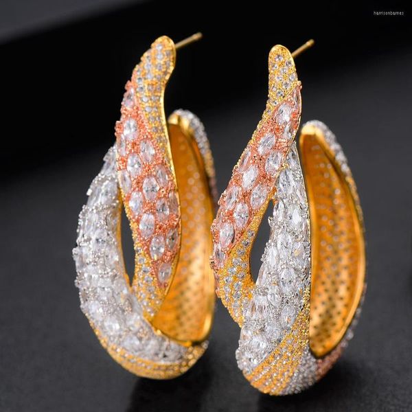 Boucles d'oreilles cerceau GODKI luxe 3 tons torsion tressé ligne cubique Zircon déclaration grand pour les femmes mariage DUBAI boucle d'oreille de mariée 2023