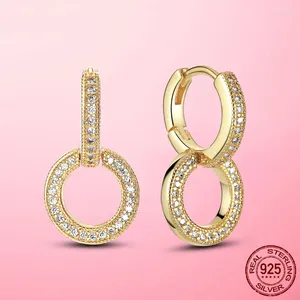 Pendientes de aro de oro Color 925 Silver Sparkling Doble para mujeres Cz Circón Círculo redondo Joyería Realización de joyas