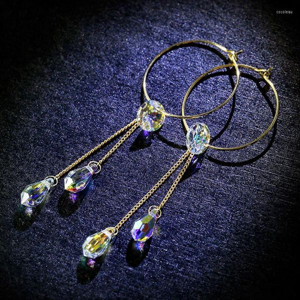 Boucles d'oreilles créoles couleur or grand cercle longue goutte cristal d'autriche pour femmes dame mode charme bijoux de mariage