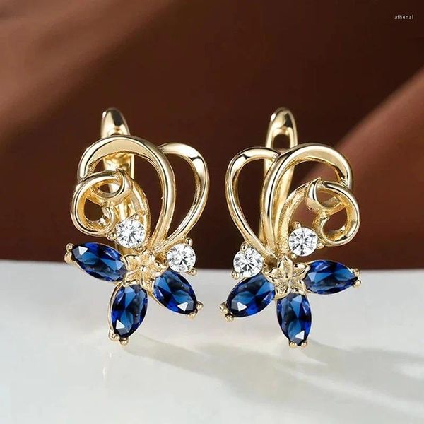 Pendientes de aro de Color dorado y flor azul para mujer, diseño Ly, temperamento dulce, accesorios para Piercing en la oreja, joyería Floral