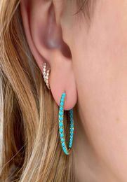 Boucles d'oreilles cerceaux Gold Color Fashion Classic Femmes Jewelry Prong Set Blue Turquoises Stone Huggie Earge 30 mm3630788