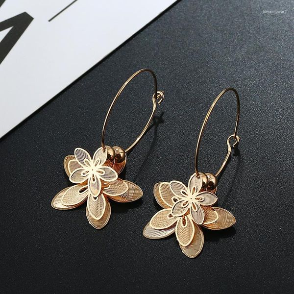 Pendientes de aro Gold Color multicapa Metal Metal Flower Flower Big for Women Romantic Drop Earring Fashion Jewelry