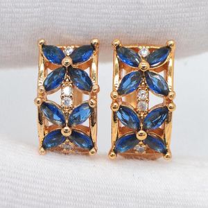 Boucles d'oreilles créoles couleur or femme mode bleu oxyde de zirconium fleur Huggie