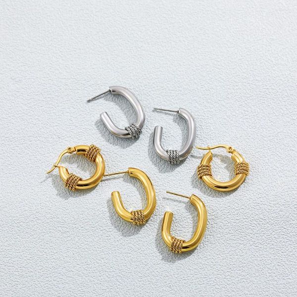 Pendientes de aro de acero inoxidable chapado en oro para mujer, envoltura de cuerda giratoria de Metal, círculo redondo, Huggies, anillos, accesorios de joyería