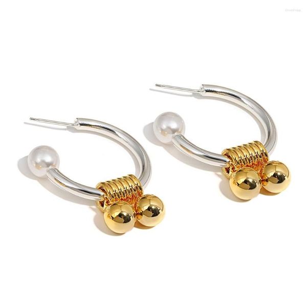 Pendientes de aro Greatera Vintage de dos tonos con forma de C y perlas para mujer, Pendientes de bola de Metal chapados en oro, joyería de fiesta 2023