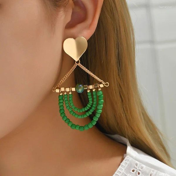 Pendientes de aro con cuentas de arroz verde para mujer, borla larga, estilo nacional bohemio Vintage, colgante para vacaciones en la playa, moda coreana