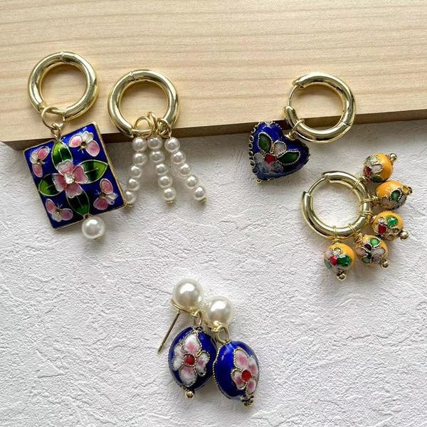 Pendientes de aro esmaltados a mano, cuentas cloisonné de flores coloridas, Perla Barroca de imitación, joyería asimétrica llamativa Vintage