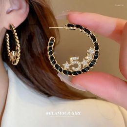 Boucles d'oreilles créoles faites à la main pour femmes, emballage en cuir avec chiffres étoiles noirs, cercle rond géométrique en forme de C, grands bijoux 2024
