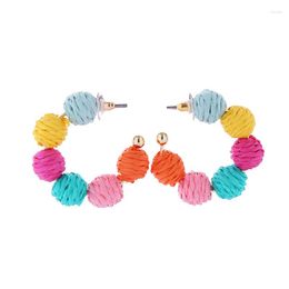 Boucles d'oreilles créoles faites à la main en paille colorée, boule tricotée en rotin pour femmes, cercle rond géométrique, bijoux d'été