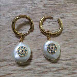 Boucles d'oreilles créoles bijoux faits à la main menthe CZ pavé bleu oeil mal Protection charme perle d'eau douce perle pendentif en acier inoxydable femmes boucle d'oreille