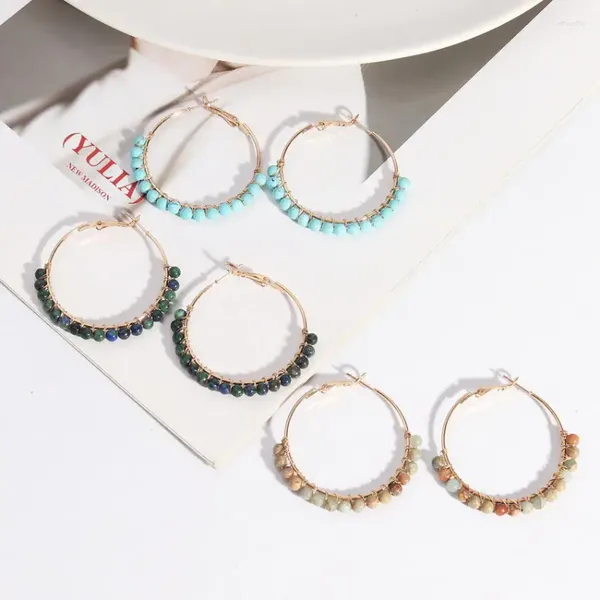 Boucles d'oreilles créoles faites à la main en fil de cuivre torsadé enveloppé de Turquoise pour femmes, bijoux bohème, vente en gros