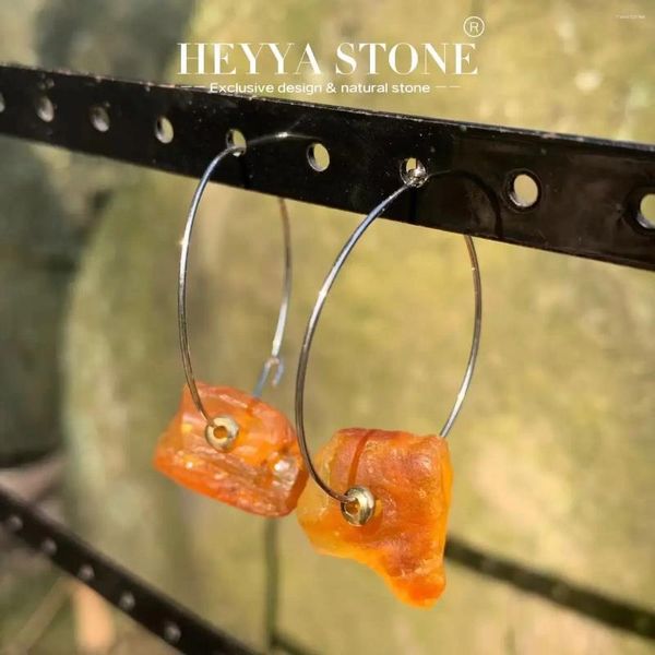 Boucles d'oreilles cerceaux Heyya Stone Natural Amber Simple Classic Round Circle Bijoux de pierres précieuses et acier inoxydable fait à la main