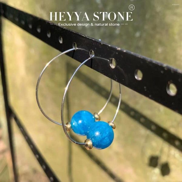 Pendientes de aro Heyya Stone Natural Blue Apatite Simple clásico Círculo redondo joya de piedra preciosa acero inoxidable hecho a mano