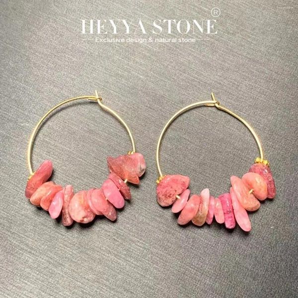 Boucles d'oreilles cerceaux Heyya Stone Natural Pink Tourmaline Simple Classic Round Circle Gemstone Bijoux en acier inoxydable fait à la main