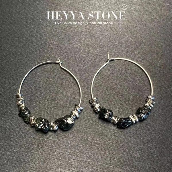 Boucles d'oreilles cerceaux Heyya Stone Vintage Natural Rough Black Tourmaline Simple Gemstone Bijoux à la main acier inoxydable exclusif