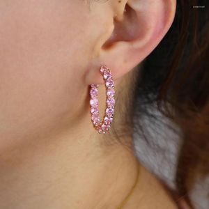 Boucles d'oreilles créoles Hip Hop avec pavé de Cz rose, grande forme ronde géométrique en cristal, cerceaux Huggie, bijoux tendance