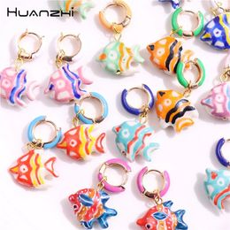 Boucles d'oreilles cerceau HUANZHI poisson rouge coloré poisson Tropical poisson clown pour les femmes à la main en céramique peinte à la main beaux bijoux d'été