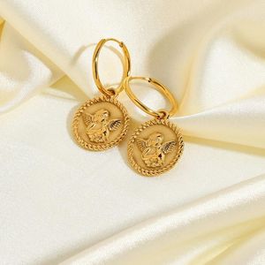 Boucles d'Oreilles Huggie Plaqué Or 18 Carats Acier Inoxydable Amour Cupidon Ange Pendentif Pour FemmeCercle