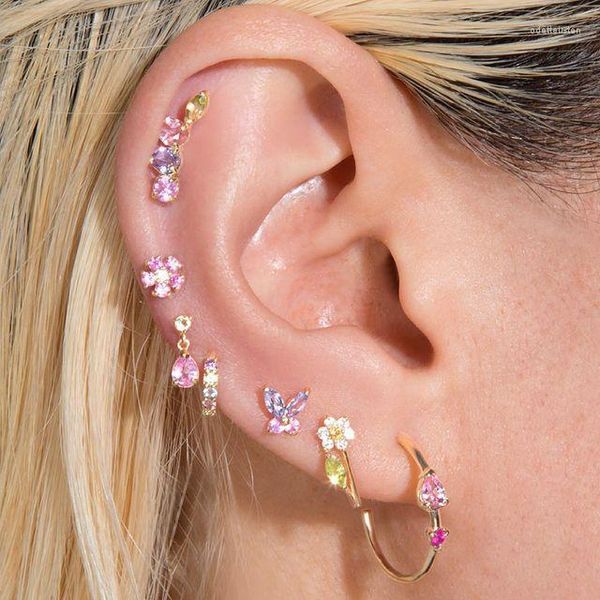 Boucles d'oreilles créoles Huggie 925 Sterling Silver Minimal Delicate Colorful CZ Earring Pavé Red Cubic Zirconia Multi Piercing Gold Plated