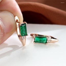 Pendientes de aro Huggie lindos femeninos piedra de circón verde cristal de lujo rectángulo Color oro rosa pequeño para mujer aro Farl22