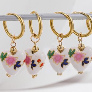 Hoop oorbellen Huggie Cute Flower Painted kralen keramisch hart voor vrouwen roestvrijstalen gouden hoepels sieraden meisjes geschenk Bijouxhoop odet22