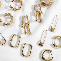 Pendientes de aro Huggie dorados geométricos para mujer, círculo redondo grueso, minimalista, con bloqueo de Pin de seguridad, cadena de eslabones, joyería llamativa