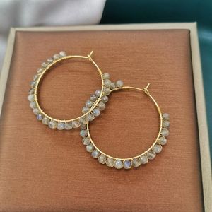 Boucles d’oreilles créoles Huggie Labradorite Boho Pierre naturelle 14K Or Rempli Cerceaux Pierre de Lune Déclaration Bijoux Fil Wrap Cercle Creux Femmes