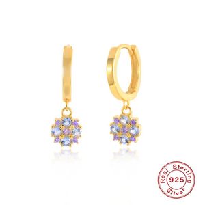 Boucles d'oreilles créoles Huggie ROXI fleurs de diamant violet pour femmes 925 boucles d'oreilles en argent Sterling bijoux Pendientes Plata luxe Brincos