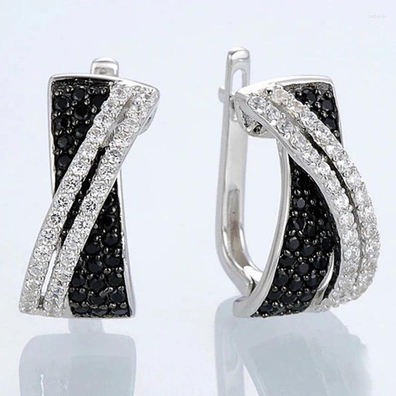 Boucles d'oreilles cerceau Huitan noir/blanc croix pour femmes à la mode couleur argent moderne mode femme accessoires CZ bijoux