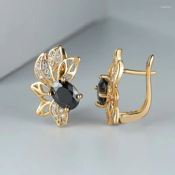 Huitan – boucles d'oreilles ovales en pierre noire en forme de fleur pour femmes, accessoires de mariée de luxe, assortis à des bijoux tendance