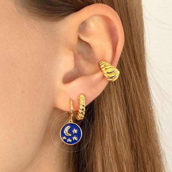 Boucles d'oreilles créoles INS Style boucle d'oreille lune étoile pièce pendentif pour femmes bleu rose rouge cercle mode bijoux accessoires