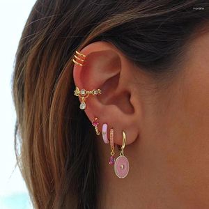 Hoepel Oorbellen INS Stijl Roze Emaille Meerdere Ster Kruis Hart Bloem Dangle Earring Voor Vrouwen Keten Mode Zoete Sieraden Pendientes