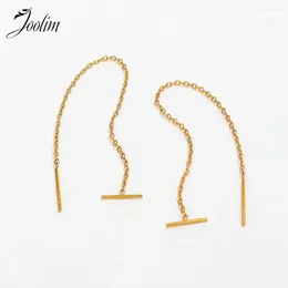 Boucles d'oreilles créoles Joolim bijoux haute qualité PVD vente en gros Simple longue chaîne gland barre transversale filetage boucle d'oreille en acier inoxydable pour les femmes