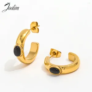 Boucles d'oreilles cerceaux joolim bijoux PVD de haute qualité en gros sans fondu délicate classique fashion ovale noire d'agate en acier inoxydable boucle pour femmes