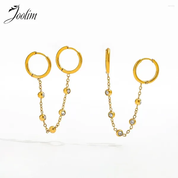 Boucles d'oreilles créoles Joolim bijoux haute qualité PVD vente en gros sans décoloration mode élégant Long gland zircone Huggie boucle d'oreille en acier inoxydable pour