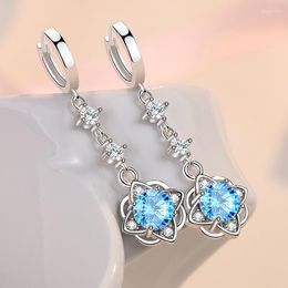 Pendientes de aro Kofsac Flower for Women Fashion Elegant Circón Azul Blanco Blanco Luz Long Light Luxury 925 Sterling Silver Ear Jewelry