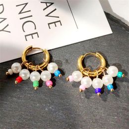 Boucles d'oreilles créoles perles colorées coréennes petites pour les femmes classique doré en acier inoxydable Huggie déclaration bijoux cadeaux