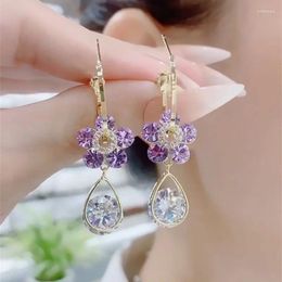 Boucles d'oreilles créoles coréennes en cristal fleur, longues boucles d'oreilles suspendues pour femmes et filles, bijoux tendance pour fête De mariage